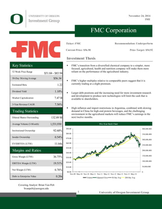 1 University of Oregon Investment Group
Presentation Date
Sector
Covering Analysts: Name
Investment Thesis
 FMC’s transition from a diversified chemical company to a simpler, more
focused, agricultural, health and nutrition company will make them more
reliant on the performance of the agricultural industry.
 FMC’s higher multiples relative to comparable peers suggest that it is
currently trading at a slight premium.
 Larger debt positions and the increasing need for more investment research
and development to produce new technologies will limit the cash that is
available to shareholders.
 High inflation and import restrictions in Argentina, combined with slowing
demand in China for high-end protein beverages, and the challenging
environment in the agricultural markets will reduce FMC’s earnings in the
next twelve months.
Five-Year Stock Chart
0
50,000,000
100,000,000
150,000,000
200,000,000
250,000,000
300,000,000
350,000,000
400,000,000
$0.00
$10.00
$20.00
$30.00
$40.00
$50.00
$60.00
$70.00
$80.00
$90.00
Nov-09 May-10 Nov-10 May-11 Nov-11 May-12 Nov-12 May-13 Nov-13 May-14
Volume Adjusted Close 50-Day Avg 200-Day Avg
FMC Corporation
Ticker: FMC
Current Price: $56.50
Recommendation: Underperform
Price Target: $54.92
Key Statistics
52 Week Price Range
50-Day Moving Average $56.34
Estimated Beta 1.22
Dividend Yield 1.10%
Market Capitalization 7.47 B
3-Year Revenue CAGR 7.56%
Trading Statistics
Diluted Shares Outstanding 132.89 M
Average Volume (3-Month) 1,531,930
Institutional Ownership 92.60%
Insider Ownership 0.54%
EV/EBITDA (LTM) 11.64x
Margins and Ratios
Gross Margin (LTM) 36.75%
EBITDA Margin (LTM) 19.51%
Net Margin (LTM) 6.76%
Debt to Enterprise Value 0.20x
$51.04 - $83.94
Covering Analyst: Brian Van Pelt
bvanpelt@uoregon.edu
November 24, 2014
IME
 