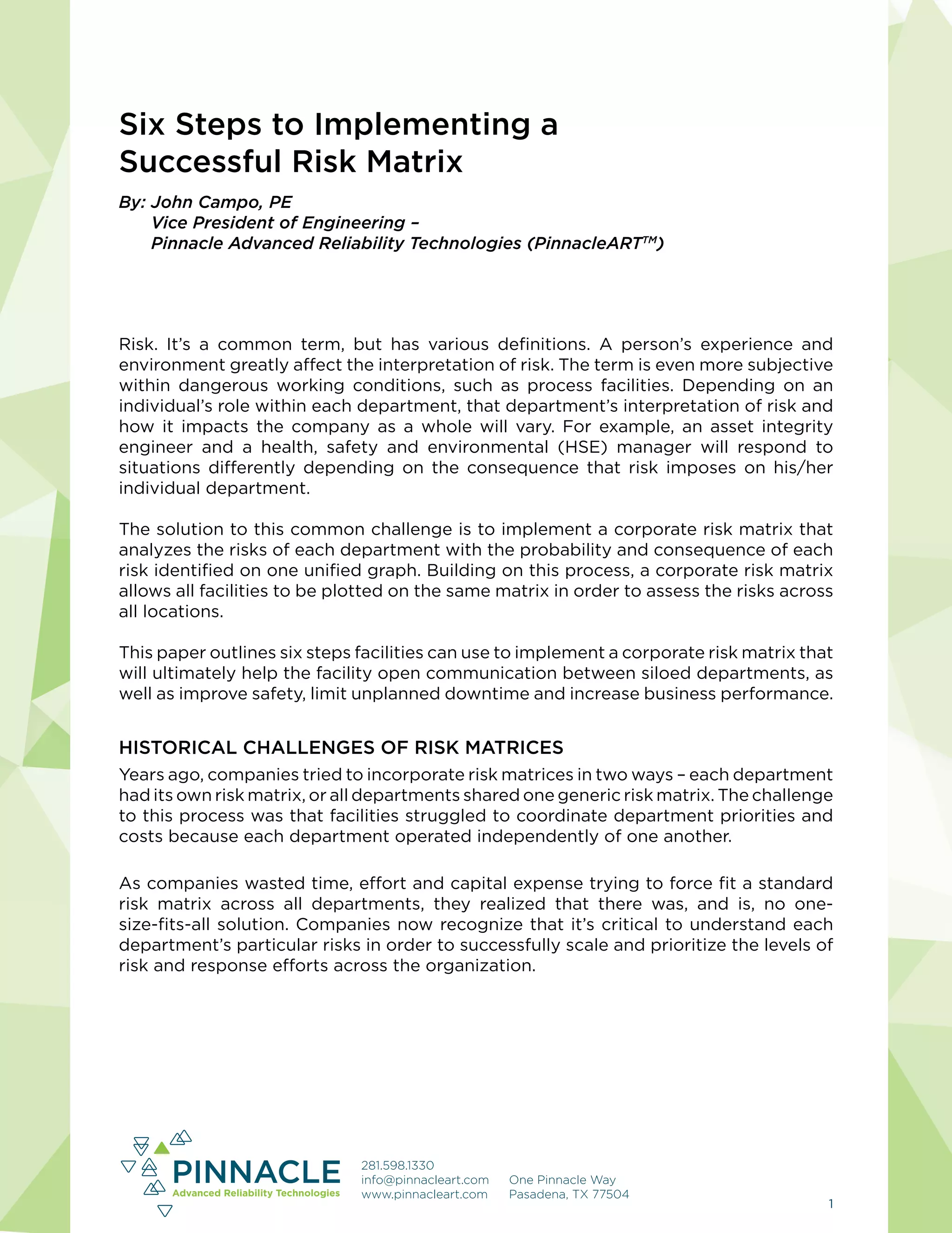 Six Steps to Implementing a Successful Risk Matrix | PDF