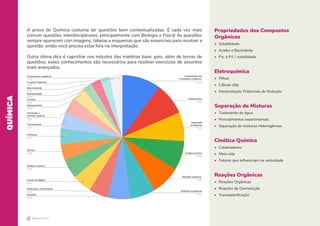 6
QUÍMICA
Propriedades dos Compostos
Orgânicos
• Solubilidade
• Acidez e Basicidade
• P.e. e P.f. / volatilidade
Eletroquímica
• Pilhas
• Cálculo ddp
• Interpretação: Potenciais de Redução
Separação de Misturas
• Tratamento de água
• Procedimentos experimentais
• Separação de misturas Heterogêneas
Cinética Química
• Catalisadores
• Meia vida
• Fatores que influenciam na velocidade
Reações Orgânicas
• Reações Orgânicas
• Reações de Oxirredução
• Transesterificação
A prova de Química costuma ter questões bem contextualizadas. É cada vez mais
comum questões interdisciplinares, principalmente com Biologia e Física! As questões
sempre aparecem com imagens, tabelas e esquemas que são essenciais para resolver a
questão, então você precisa estar fera na interpretação.
Outra ótima dica é caprichar nos estudos das matérias base, pois, além de temas de
questões, esses conhecimentos são necessários para resolver exercícios de assuntos
mais avançados.
6
Propriedades coligativas
1,7%
Funções Orgânicas
1,7%
Meio Ambiente
2,5%
Radioatividade
2,5%
Isomeria
2,5%
Estequiometria
3,4%
Introdução a
Química Orgânica
4,2%
Termoquímica
4,2%
Polímeros
4,2%
Átomos
4,2%
Equilibrio Químico
5,0%
Estudo da Matéria
5,0%
Moléculas e Propriedades
5,0%
Soluções
5,9%
Propriedades dos
Compostos Orgânicos
10,1%
Eletroquímica
8,4%
Separação
de Misturas
7,6%
Cinética Química
7,6%
Reações orgânicas
7,6%
Reações Inorgânicas
6,7%
 