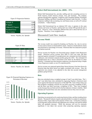 UOIG 11
University of Oregon Investment Group
Robert Half International, Inc. (RHI) – 15%
Robert Half International Inc. provides staffing and risk consulting services in
North America, South America, Europe, Asia, and Australia. The company
operates through three segments: Temporary and Consultant Staffing, Permanent
Placement Staffing, and Risk Consulting and Internal Audit Services. It offers
temporary staffing in the accounting, tax, and finance areas, as well as IT contract
consultants. – Yahoo Finance
Robert Half International has an identical D/E ratio, it operates in the same
industry and sector as Paychex, and has had very similar EPS growth the past 5
years. However, it has a drastically different beta and is about half the size of
Paychex. Therefore, it was weighted lower.
Discounted Cash Flow Analysis
Revenue Model
The revenue model was created by breaking out Paychex, Inc. into its service
revenue and its interest on funds held for clients. Interest on funds held for clients
was projected as a percentage of revenue. Historical data was analyzed to project
out interest received.
Service revenue for Paychex was forecasted using a Simple Linear Regression
model. Historical service revenue from 2002 to 2014 was used, and then
regressed against estimated US unemployment rate, estimated non-farm business
employees, and estimated corporate profits going into 2024. The estimated US
unemployment rate is what is forecasted in the future by the Bureau of Labor
Statistics. Estimated non-farm business employees was projected using a Simple
Linear Regression model, as was US corporate profits.
Service revenue was regressed against these factors because it has been shown by
historical data that these factors are highly correlated with revenue. Once the
regression was created, it was adjusted to also take into account management
guidance going forward.
Beta
Beta was calculated using a weighted average of 1and 3 year daily betas. The 1,
and 3 year daily betas were calculated by regressing Paychex’s historical stock
prices against the historical stock prices of the S&P 500. Each of these betas was
then assigned a weighting, with the one year daily receiving a weighting of 50%,
and the three year daily receiving a weighting of 50%. They were weighted
evenly because they are believed to be the best indicator of future volatility. Both
Hamada and Vasicek betas were also calculated, however they were not used.
Operating Expenses
Operating was projected out by analyzing historical data, and then trending down
linearly. The payroll industry requires specialized labor to conduct its operations.
Because of this, wages make up the majority of their costs. As Paychex continues
to develop their current software and implement new software, the need for skilled
labor will gradually decrease. While this decrease will ever be extremely
significant, it was taken into account when projecting operating expenses.
Multiple R 0.86
R Square 0.74
Adjusted R Square 0.72
Standard Error 0.03
Observations 47
Figure 28: Regression Statistics
Source: Paychex, Inc. Spreads
Figure 29: Beta
Source: Paychex, Inc. Spreads
Figure 30: Projected Operating Expenses as a
Percentage of Revenue
Source: Paychex, Inc. Spreads
22.50%
23.00%
23.50%
24.00%
24.50%
25.00%
25.50%
26.00%
2015E 2017E 2019E 2021E 2023E
PercentageofRevenue(%)
Beta SE Weighting
1 Year Daily 0.77 0.06 50.00%
3 Year Daily 0.81 0.03 50.00%
5 Year Daily 0.85 0.02 0.00%
3 Year Weekly 0.94 0.08 0.00%
5 Year Weekly 0.84 0.05 0.00%
3 Year Daily Vasicek - Comps 0.94 0.00%
3 Year Daily Vasicek - ETF 0.88 0.00%
3 Year Daily Hamada - Comps 1.04 0.00%
3 Year Daily Hamada - ETF 0.90 0.00%
Paychex, Inc. Beta 0.79
 