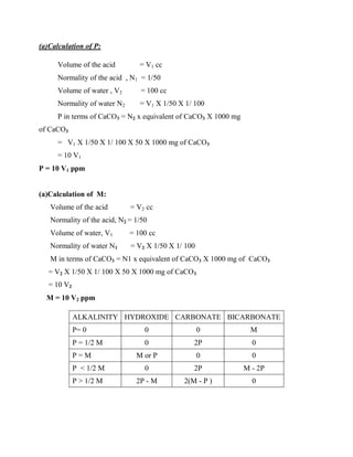 (a)Calculation of P:
Volume of the acid = V1 cc
Normality of the acid , N1 = 1/50
Volume of water , V2 = 100 cc
Normality of water N2 = V1 X 1/50 X 1/ 100
P in terms of CaCO3 = N2 x equivalent of CaCO3 X 1000 mg
of CaCO3
= V1 X 1/50 X 1/ 100 X 50 X 1000 mg of CaCO3
= 10 V1
P = 10 V1 ppm
(a)Calculation of M:
Volume of the acid = V2 cc
Normality of the acid, N2 = 1/50
Volume of water, V1 = 100 cc
Normality of water N1 = V2 X 1/50 X 1/ 100
M in terms of CaCO3 = N1 x equivalent of CaCO3 X 1000 mg of CaCO3
= V2 X 1/50 X 1/ 100 X 50 X 1000 mg of CaCO3
= 10 V2
M = 10 V2 ppm
ALKALINITY HYDROXIDE CARBONATE BICARBONATE
P= 0 0 0 M
P = 1/2 M 0 2P 0
P = M M or P 0 0
P < 1/2 M 0 2P M - 2P
P > 1/2 M 2P - M 2(M - P ) 0
 