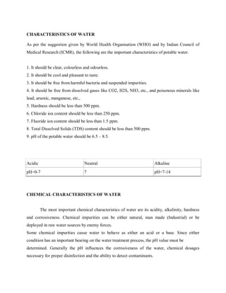CHARACTERISTICS OF WATER
As per the suggestion given by World Health Organisation (WHO) and by Indian Council of
Medical Research (ICMR), the following are the important characteristics of potable water.
1. It should be clear, colourless and odourless.
2. It should be cool and pleasant to taste.
3. It should be free from harmful bacteria and suspended impurities.
4. It should be free from dissolved gases like CO2, H2S, NH3, etc., and poisonous minerals like
lead, arsenic, manganese, etc.,
5. Hardness should be less than 500 ppm.
6. Chloride ion content should be less than 250 ppm.
7. Fluoride ion content should be less than 1.5 ppm.
8. Total Dissolved Solids (TDS) content should be less than 500 ppm.
9. pH of the potable water should be 6.5 – 8.5.
CHEMICAL CHARACTERISTICS OF WATER
The most important chemical characteristics of water are its acidity, alkalinity, hardness
and corrosiveness. Chemical impurities can be either natural, man made (Industrial) or be
deployed in raw water sources by enemy forces.
Some chemical impurities cause water to behave as either an acid or a base. Since either
condition has an important bearing on the water treatment process, the pH value must be
determined. Generally the pH influences the corrosiveness of the water, chemical dosages
necessary for proper disinfection and the ability to detect contaminants.
Acidic Neutral Alkaline
pH=0-7 7 pH=7-14
 