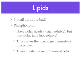 Lipids Not all lipids are bad! Phospholipids Have polar heads (water soluble); but non-polar tails (not soluble) This makes them arrange themselves in a bilayer These create the membranes of cells 