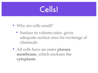 Cells! Why are cells small? Surface to volume ratio- gives adequate surface area for exchange of chemicals All cells have an outer  plasma membrane , which encloses the  cytoplasm 