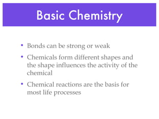 Basic Chemistry Bonds can be strong or weak Chemicals form different shapes and the shape influences the activity of the chemical Chemical reactions are the basis for most life processes 