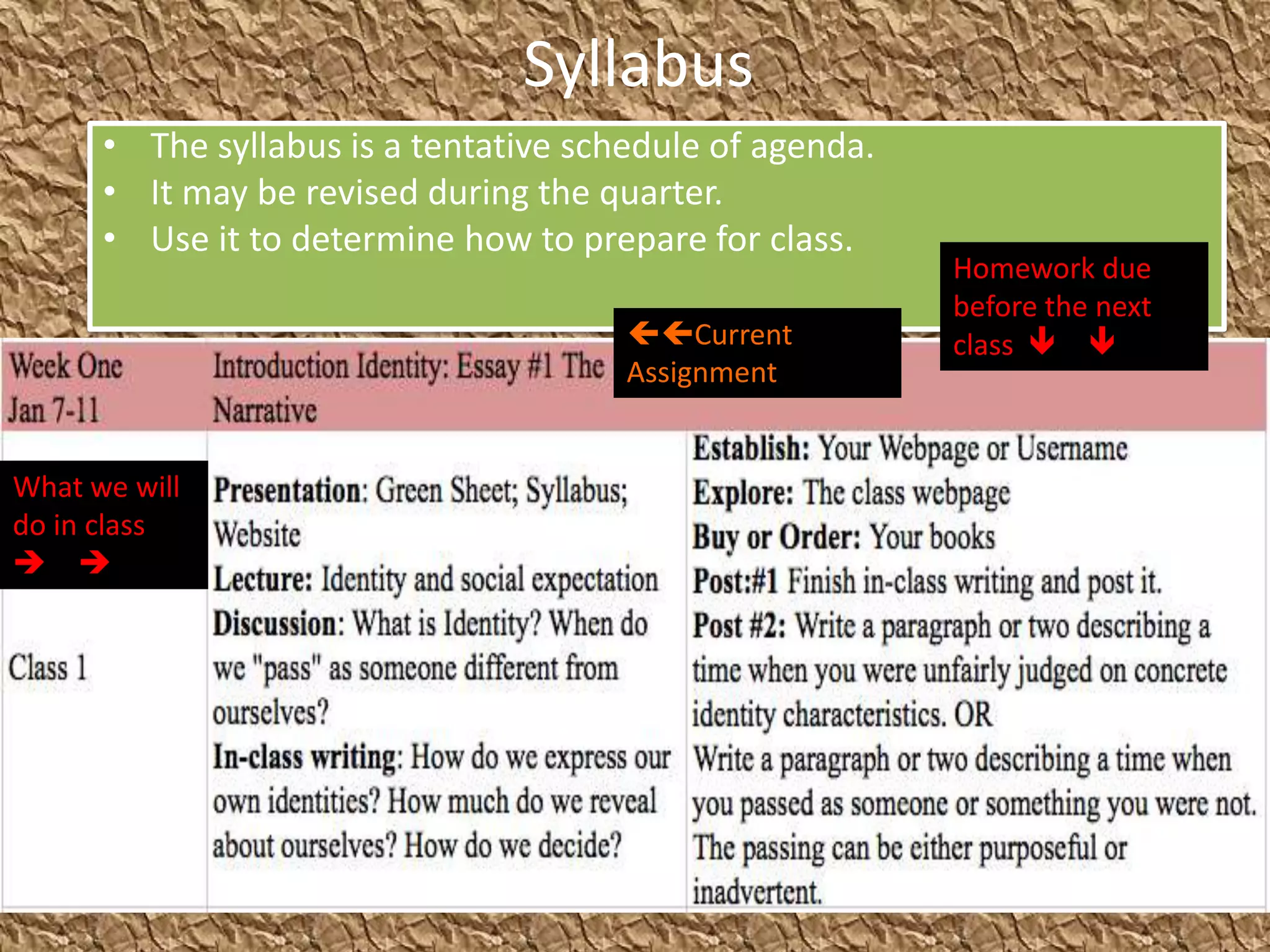 Syllabus
      • The syllabus is a tentative schedule of agenda.
      • It may be revised during the quarter.
      • Use it to determine how to prepare for class.
                                                          Homework due
                                                          before the next
                                       Current          class  
                                       Assignment


What we will
do in class
 
 