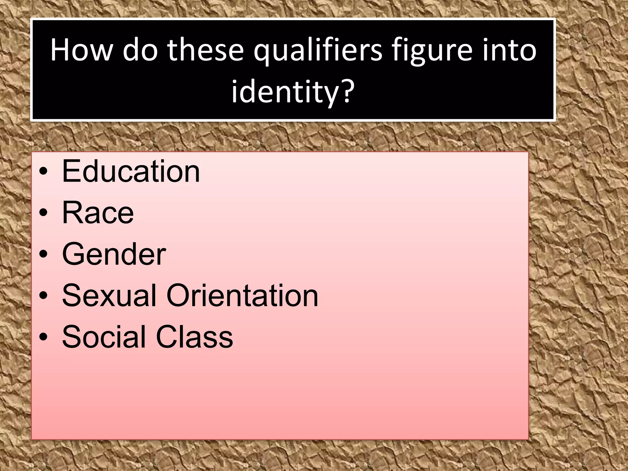 How do these qualifiers figure into
               identity?

•   Education
•   Race
•   Gender
•   Sexual Orientation
•   Social Class
 