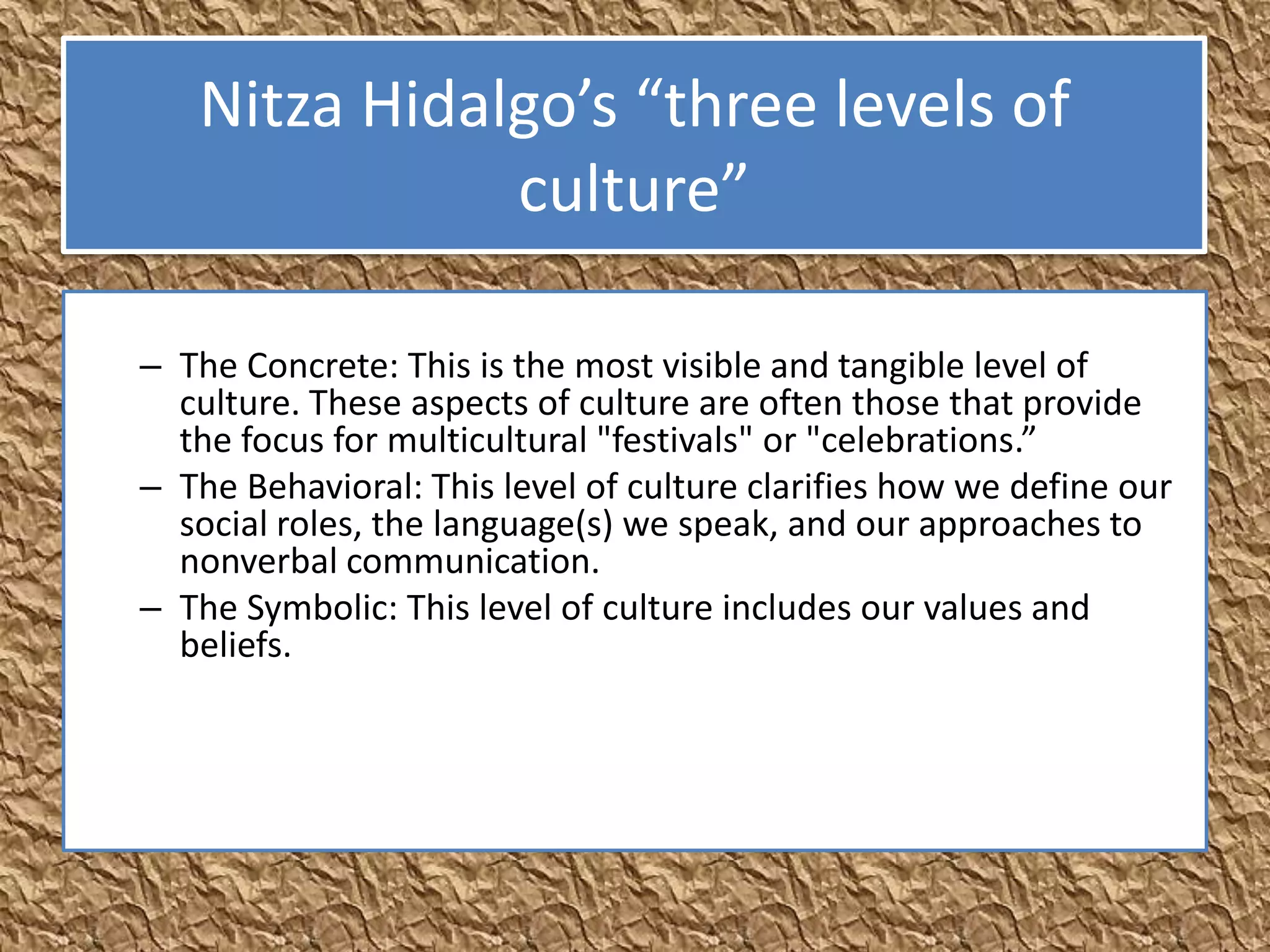 Nitza Hidalgo’s “three levels of
              culture”

– The Concrete: This is the most visible and tangible level of
  culture. These aspects of culture are often those that provide
  the focus for multicultural "festivals" or "celebrations.”
– The Behavioral: This level of culture clarifies how we define our
  social roles, the language(s) we speak, and our approaches to
  nonverbal communication.
– The Symbolic: This level of culture includes our values and
  beliefs.
 