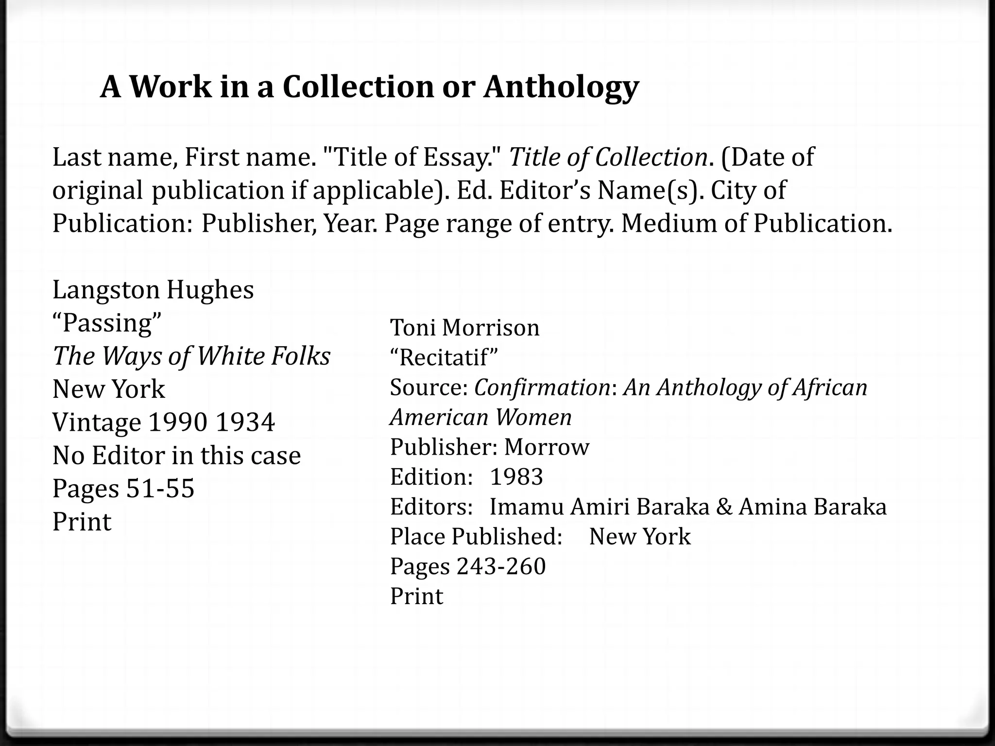 A Work in a Collection or Anthology

Last name, First name. "Title of Essay." Title of Collection. (Date of
original publication if applicable). Ed. Editor’s Name(s). City of
Publication: Publisher, Year. Page range of entry. Medium of Publication.

Langston Hughes
“Passing”                    Toni Morrison
The Ways of White Folks      “Recitatif”
New York                     Source: Confirmation: An Anthology of African
Vintage 1990 1934            American Women
No Editor in this case       Publisher: Morrow
                             Edition: 1983
Pages 51-55
                             Editors: Imamu Amiri Baraka & Amina Baraka
Print
                             Place Published: New York
                             Pages 243-260
                             Print
 