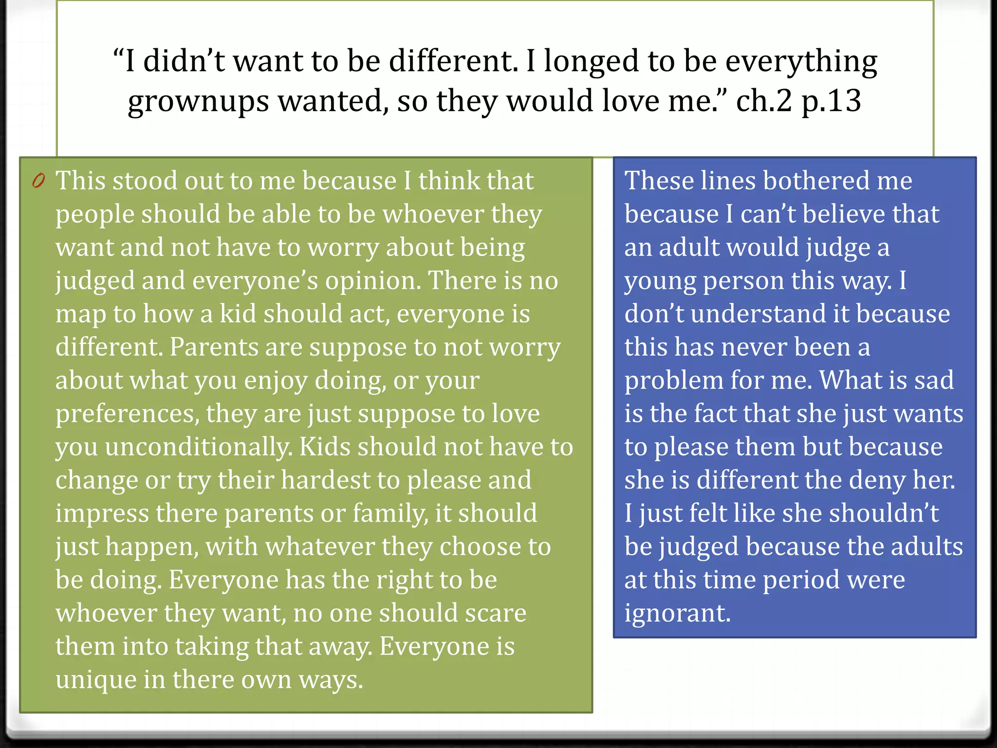 “I didn’t want to be different. I longed to be everything
        grownups wanted, so they would love me.” ch.2 p.13

0 This stood out to me because I think that      These lines bothered me
  people should be able to be whoever they       because I can’t believe that
  want and not have to worry about being         an adult would judge a
  judged and everyone’s opinion. There is no     young person this way. I
  map to how a kid should act, everyone is       don’t understand it because
  different. Parents are suppose to not worry    this has never been a
  about what you enjoy doing, or your            problem for me. What is sad
  preferences, they are just suppose to love     is the fact that she just wants
  you unconditionally. Kids should not have to   to please them but because
  change or try their hardest to please and      she is different the deny her.
  impress there parents or family, it should     I just felt like she shouldn’t
  just happen, with whatever they choose to      be judged because the adults
  be doing. Everyone has the right to be         at this time period were
  whoever they want, no one should scare         ignorant.
  them into taking that away. Everyone is
  unique in there own ways.
 