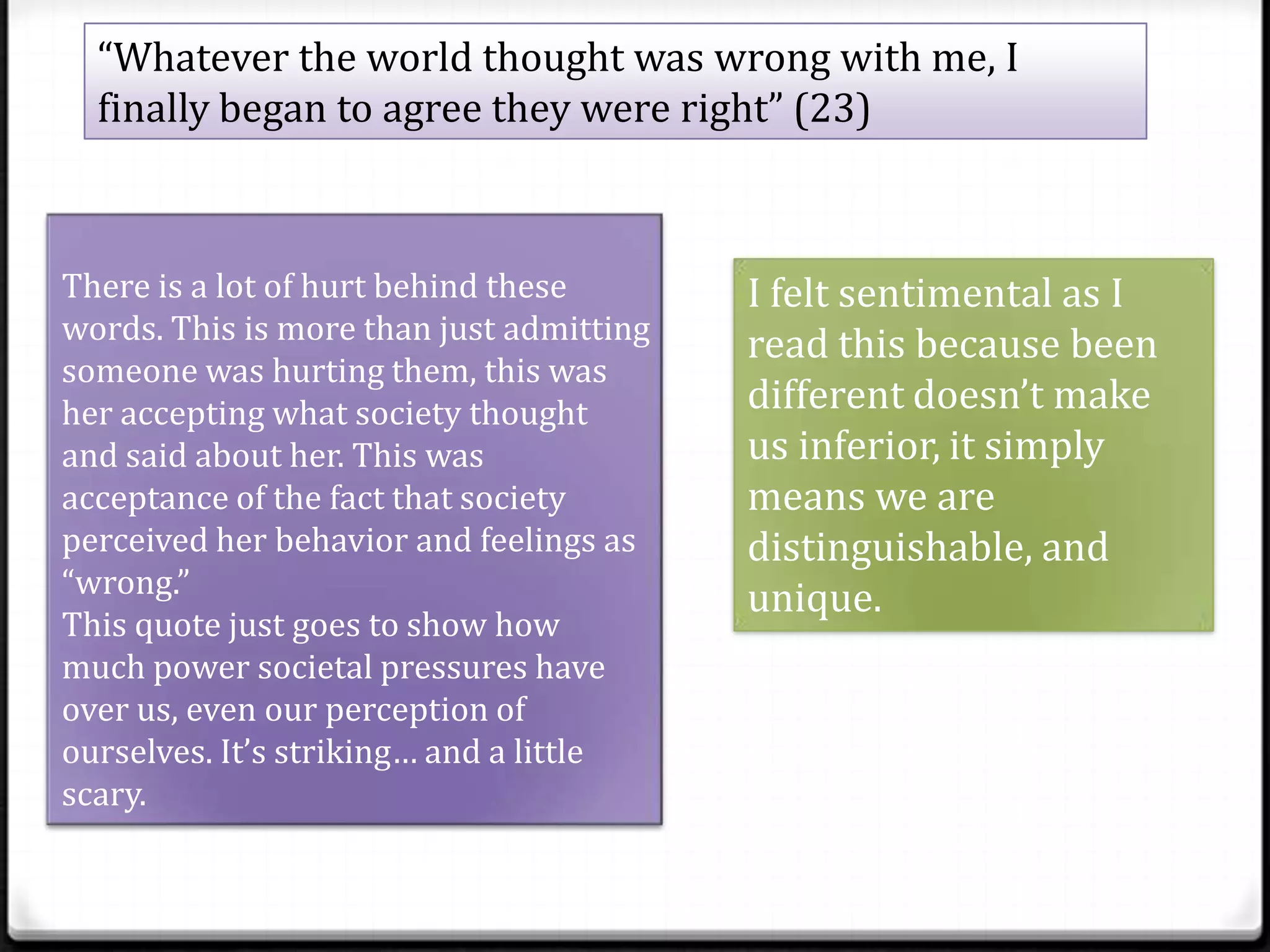 “Whatever the world thought was wrong with me, I
  finally began to agree they were right” (23)



There is a lot of hurt behind these       I felt sentimental as I
words. This is more than just admitting
                                          read this because been
someone was hurting them, this was
her accepting what society thought        different doesn’t make
and said about her. This was              us inferior, it simply
acceptance of the fact that society       means we are
perceived her behavior and feelings as    distinguishable, and
“wrong.”
                                          unique.
This quote just goes to show how
much power societal pressures have
over us, even our perception of
ourselves. It’s striking… and a little
scary.
 