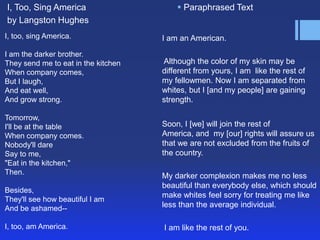 I, Too, Sing America                      Paraphrased Text
by Langston Hughes
I, too, sing America.                I am an American.
I am the darker brother.
They send me to eat in the kitchen   Although the color of my skin may be
When company comes,                  different from yours, I am like the rest of
But I laugh,                         my fellowmen. Now I am separated from
And eat well,                        whites, but I [and my people] are gaining
And grow strong.                     strength.

Tomorrow,
I'll be at the table                 Soon, I [we] will join the rest of
When company comes.                  America, and my [our] rights will assure us
Nobody'll dare                       that we are not excluded from the fruits of
Say to me,                           the country.
"Eat in the kitchen,"
Then.
                                     My darker complexion makes me no less
                                     beautiful than everybody else, which should
Besides,
                                     make whites feel sorry for treating me like
They'll see how beautiful I am
And be ashamed--                     less than the average individual.

I, too, am America.                  I am like the rest of you.
 