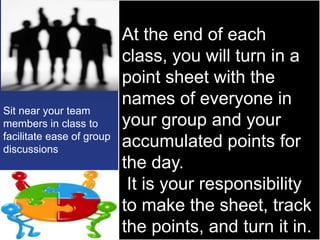 At the end of each
                           class, you will turn in a
                           point sheet with the
                           names of everyone in
Sit near your team
members in class to        your group and your
facilitate ease of group
discussions
                           accumulated points for
                           the day.
                            It is your responsibility
                           to make the sheet, track
                           the points, and turn it in.
 