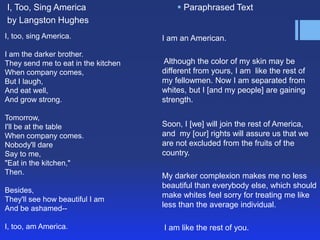 I, Too, Sing America
by Langston Hughes

 Paraphrased Text

I, too, sing America.

I am an American.

I am the darker brother.
They send me to eat in the kitchen
When company comes,
But I laugh,
And eat well,
And grow strong.

Although the color of my skin may be
different from yours, I am like the rest of
my fellowmen. Now I am separated from
whites, but I [and my people] are gaining
strength.

Tomorrow,
I'll be at the table
When company comes.
Nobody'll dare
Say to me,
"Eat in the kitchen,"
Then.

Soon, I [we] will join the rest of America,
and my [our] rights will assure us that we
are not excluded from the fruits of the
country.

Besides,
They'll see how beautiful I am
And be ashamed--

My darker complexion makes me no less
beautiful than everybody else, which should
make whites feel sorry for treating me like
less than the average individual.

I, too, am America.

I am like the rest of you.

 