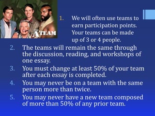 1.

2.

3.
4.

5.

We will often use teams to
earn participation points.
Your teams can be made
up of 3 or 4 people.

The teams will remain the same through
the discussion, reading, and workshops of
one essay.
You must change at least 50% of your team
after each essay is completed.
You may never be on a team with the same
person more than twice.
You may never have a new team composed
of more than 50% of any prior team.

 