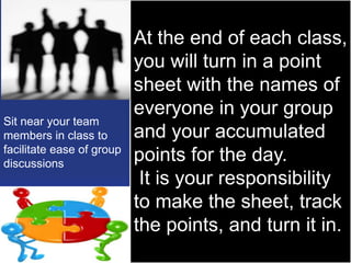 Sit near your team
members in class to
facilitate ease of group
discussions

At the end of each class,
you will turn in a point
sheet with the names of
everyone in your group
and your accumulated
points for the day.
It is your responsibility
to make the sheet, track
the points, and turn it in.

 
