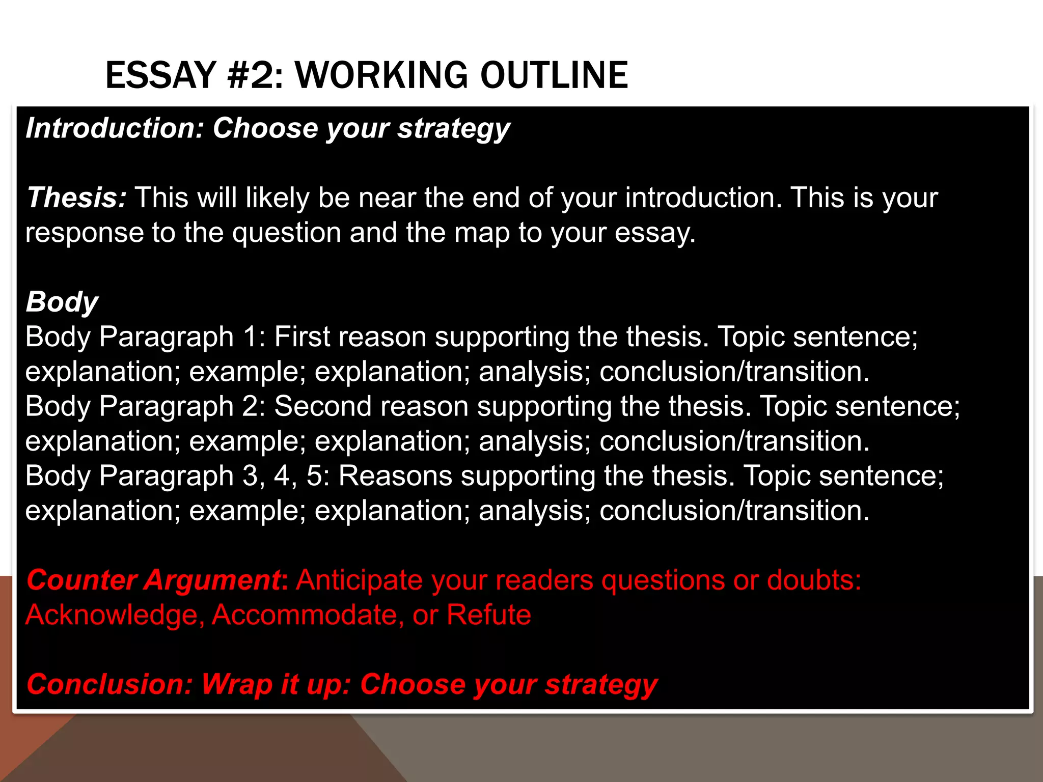 ESSAY #2: WORKING OUTLINE
Introduction: Choose your strategy

Thesis: This will likely be near the end of your introduction. This is your
response to the question and the map to your essay.

Body
Body Paragraph 1: First reason supporting the thesis. Topic sentence;
explanation; example; explanation; analysis; conclusion/transition.
Body Paragraph 2: Second reason supporting the thesis. Topic sentence;
explanation; example; explanation; analysis; conclusion/transition.
Body Paragraph 3, 4, 5: Reasons supporting the thesis. Topic sentence;
explanation; example; explanation; analysis; conclusion/transition.

Counter Argument: Anticipate your readers questions or doubts:
Acknowledge, Accommodate, or Refute

Conclusion: Wrap it up: Choose your strategy
 