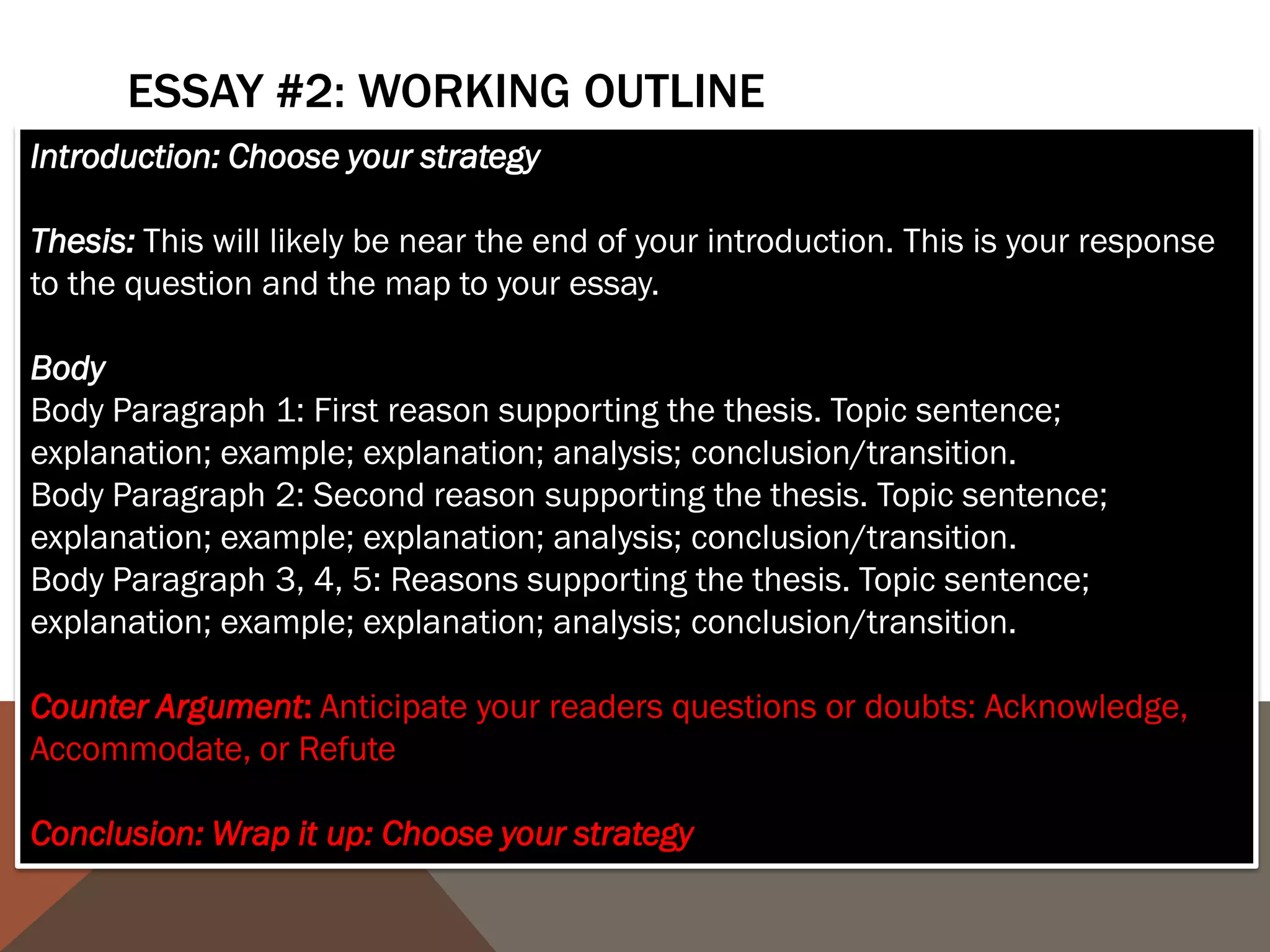 ESSAY #2: WORKING OUTLINE
Introduction: Choose your strategy

Thesis: This will likely be near the end of your introduction. This is your response
to the question and the map to your essay.

Body
Body Paragraph 1: First reason supporting the thesis. Topic sentence;
explanation; example; explanation; analysis; conclusion/transition.
Body Paragraph 2: Second reason supporting the thesis. Topic sentence;
explanation; example; explanation; analysis; conclusion/transition.
Body Paragraph 3, 4, 5: Reasons supporting the thesis. Topic sentence;
explanation; example; explanation; analysis; conclusion/transition.

Counter Argument: Anticipate your readers questions or doubts: Acknowledge,
Accommodate, or Refute

Conclusion: Wrap it up: Choose your strategy
 