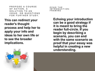 CONCLUSIONS TO AVOID
1. The "That's My Story and I'm Sticking to It” conclusion. This conclusion just restates
the thesis and is usually painfully short. It does not push the ideas forward. People
write this kind of conclusion when they can't think of anything else to say.
2. The "Sherlock Holmes" Conclusion. Sometimes writers will state the thesis for the
very first time in the conclusion. You might be tempted to use this strategy if you don't
want to give everything away too early in your paper. You may think it would be more
dramatic to keep the reader in the dark until the end and then "wow" him with your
main idea, as in a Sherlock Holmes mystery. The reader, however, does not expect a
mystery, but an analytical discussion of your topic in an academic style, with the main
argument (thesis) stated up front.
3. The "America the Beautiful"/"I Am Woman"/"We Shall Overcome" Conclusion. This
kind of conclusion usually draws on excessive emotion to make its appeal, but while
this emotion and even sentimentality may be very heartfelt, it is usually out of
character with the rest of an analytical paper. A more sophisticated commentary,
rather than emotional praise, would be a more fitting tribute to the topic.
4. The "Grab Bag" Conclusion. This kind of conclusion includes extra information that
the writer found or thought of but couldn't integrate into the main paper. You may find
it hard to leave out details, but adding random facts and bits of evidence at the end of
an otherwise-well-organized essay can just create confusion.

 
