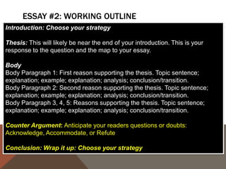 ESSAY #2: WORKING OUTLINE
Introduction: Choose your strategy
Thesis: This will likely be near the end of your introduction. This is your
response to the question and the map to your essay.
Body
Body Paragraph 1: First reason supporting the thesis. Topic sentence;
explanation; example; explanation; analysis; conclusion/transition.
Body Paragraph 2: Second reason supporting the thesis. Topic sentence;
explanation; example; explanation; analysis; conclusion/transition.
Body Paragraph 3, 4, 5: Reasons supporting the thesis. Topic sentence;
explanation; example; explanation; analysis; conclusion/transition.
Counter Argument: Anticipate your readers questions or doubts:
Acknowledge, Accommodate, or Refute
Conclusion: Wrap it up: Choose your strategy

 