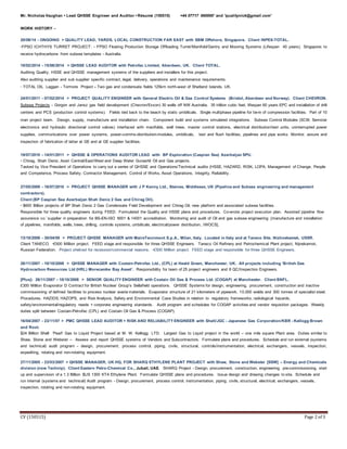 Mr. NicholasVaughan • Lead QHSSE Engineer and Auditor •Résumé (150515) +44 07717 660000' and 'qualitynick@gmail.com'
CV (150515) Page 2 of 3
WORK HISTORY –
20/08/14 - ONGOING > QUALITY LEAD, YARDS, LOCAL CONSTRUCTION FAR EAST with SBM Offshore, Singapore. Client INPEX-TOTAL.
·FPSO ICHTHYS TURRET PROJECT: - FPSO Floating Production Storage Offloading Turret/Manifold/Gantry and Mooring Systems (Lifespan 40 years); Singapore; to
receive hydrocarbons from subsea templates - Australia.
10/02/2014 - 15/08/2014 > QHSSE LEAD AUDITOR with Petrofac Limited, Aberdeen, UK. Client TOTAL.
Auditing Quality, HSSE and QHSSE management systems of the suppliers and installers for this project.
Also auditing supplier and sub supplier specific contract, legal, delivery, operations and maintenance requirements.
· TOTAL OIL Laggan - Tormore Project - Two gas and condensate fields 125km north-west of Shetland Islands, UK.
24/01/2011 - 07/02/2014 > PROJECT QUALITY ENGINEER with General Electric Oil & Gas Control Systems (Bristol, Aberdeen and Norway). Client CHEVRON.
Subsea Projects - Gorgon and Jansz gas field development (Chevron/Exxon) 30 wells off NW Australia. 35 trillion cubic feet, lifespan 60 years.EPC and installation of drill
centers and PCS (production control systems). Fields tied back to the beach by static umbilicals. Single multiphase pipeline for tie-in of compression facilities. Part of 10
man project team. Design, supply, manufacture and installation chain. Component build and systems simulated integrations. Subsea Control Modules (SCM, Semstar
electronics and hydraulic directional control valves) interfaced with manifolds, well trees, master control stations, electrical distribution/test units, uninterrupted power
supplies, communications over power systems, power-comms-distribution-modules, umbilicals, test and flush facilities, pipelines and pipe works. Monitor, assure and
inspection of fabrication of latter at GE and at GE supplier facilities.
19/07/2010 - 14/01/2011 > QHSSE & OPERATIONS AUDITOR LEAD with BP Exploration (Caspian Sea) Azerbaijan SPU.
∙ Chirag, Shah Deniz, Azeri Central/East/West and Deep Water Gunashli Oil and Gas projects.
Tasked by Vice President of Operations to carry out a series of QHSSE and Operations/Technical audits (HSSE, HAZARD, RISK, LOPA, Management of Change, People
and Competence, Process Safety, Contractor Management, Control of Works, Asset Operations, Integrity, Reliability.
27/05/2009 - 16/07/2010 > PROJECT QHSSE MANAGER with J P Kenny Ltd., Staines, Middlesex, UK (Pipelineand Subsea engineering and management
contractors).
Client (BP Caspian Sea Azerbaijan Shah Deniz 2 Gas and Chirag Oil).
∙ $600 Billion projects of BP Shah Deniz 2 Gas Condensate Field Development and Chirag Oil; new platform and associated subsea facilities.
Responsible for three quality engineers during FEED. Formulated the Quality and HSSE plans and procedures. Co-wrote project execution plan. Assisted‘pipeline flow
assurance co.’supplier in preparation for BS-EN-ISO 9001 & 14001 accreditation. Monitoring and audit of Oil and gas subsea engineering [manufacture and installation
of pipelines, manifolds, wells, trees, drilling, controls systems, umbilicals, electrical/power distribution, IWOCS].
13/10/2008 - 30/04/09 > PROJECT QHSSE MANAGER with MaireTecnimont S.p.A., Milan, Italy. Located in Italy and at Taneco Site, Nizhnekamsk, USSR.
Client TANECO. ∙£500 Million project. FEED stage and responsible for three QHSSE Engineers. Taneco Oil Refinery and Petrochemical Plant project, Nijnekamsk,
Russian Federation. Project shelved for recession/commercial reasons. ∙£500 Million project. FEED stage and responsible for three QHSSE Engineers.
26/11/2007 - 10/10/2008 > QHSSE MANAGER with Costain-Petrofac Ltd., (CPL) at Heald Green, Manchester, UK. All projects including ‘British Gas
Hydrocarbon Resources Ltd (HRL) Morecambe Bay Asset’. Responsibility for team of 25 project engineers and 8 QC/Inspection Engineers.
[Plus]- 26/11/2007 - 10/10/2008 > SENIOR QUALITYENGINEER with Costain Oil Gas & Process Ltd. (COGAP) at Manchester. ClientBNFL.
£300 Million Evaporator D Contract for British Nuclear Group’s Sellafield operations. QHSSE Systems for design, engineering, procurement, construction and inactive
commissioning of defined facilities to process nuclear wastematerials. Evaporator structure of 21 kilometers of pipework, 10,000 welds and 300 tonnes of specialist steel.
Procedures, HAZIDS, HAZOPS, and Risk Analysis, Safety and Environmental Case Studies in relation to regulatory frameworks, radiological hazards,
safety/environmental/regulatory needs + corporate engineering standards. Audit program and schedules for COGAP activities and vendor requisition packages. Weekly
duties split between Costain-Petrofac (CPL) and Costain Oil Gas & Process (COGAP).
16/04/2007 - 23/11/07 > PMC QHSSE LEAD AUDITOR + RISK AND RELIABILITYENGINEER with Shell/JGC - Japanese Gas Corporation/KBR -Kellogg Brown
and Root.
$24 Billion Shell ‘Pearl’ Gas to Liquid Project based at M. W. Kellogg LTD. Largest Gas to Liquid project in the world – one mile square Plant area. Duties similar to
Shaw, Stone and Webster – Assess and report QHSSE systems of Vendors and Subcontractors. Formulate plans and procedures. Schedule and run external (systems
and technical) audit program - design, procurement, process control, piping, civils, structural, controls/instrumentation, electrical, exchangers, vessels, inspection,
expediting, rotating and non-rotating equipment.
27/11/2005 - 23/03/2007 > QHSSE MANAGER, UK HQ, FOR SHARQ ETHYLENE PLANT PROJECT with Shaw, Stone and Webster [SSW] – Energy and Chemicals
division (now Technip). ClientEastern Petro-Chemical Co., Jubail, UAE. SHARQ Project - Design, procurement, construction, engineering, pre-commissioning, start
up and supervision of a 1.3 Billion $US 1300 KTA Ethylene Plant. Formulate QHSSE plans and procedures. Issue design and drawing changes tosite. Schedule and
run internal (systems and technical) Audit program - Design, procurement, process control, instrumentation, piping, civils, structural, electrical, exchangers, vessels,
inspection, rotating and non-rotating equipment.
 