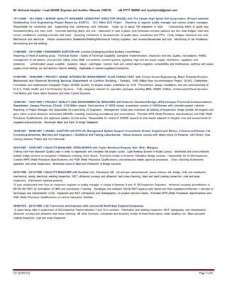 Mr. NicholasVaughan • Lead QHSSE Engineer and Auditor •Résumé (150515) +44 07717 660000' and 'qualitynick@gmail.com'
CV (150515) Page 3 of 3
15/11/2000 - 15/11/2005 > SENIOR QUALITY ENGINEER (ASSISTANT DIRECTOR GRADE) with The Taiwan High Speed Rail Corporation (Project awarded
Outstanding Civil Engineering Project Award by ACECC). 20.0 Billion $US Project. Reporting to regional quality manager and various project managers.
Responsible for monitoring and supervising four contracting Joint Ventures, made up of about 100 engineers in total. Constructing 64km of guide way
foundations/piling and track work. Concrete batching plants and site - fabrication of cast in place, post tensioned concrete viaducts and four steel bridges, track and
turnout installations including concrete slab track. Assisting contractors in developments of quality plans, procedures and ITP's. Civils, bridges, trackwork and core.
Mechanical and electrical. Vendor assessments Steelworks/Welding/Mechanical Testing suppliers, test houses/laboratories and site. Monitoring of rail installation,
de-stressing and rail welding.
11/06/2000 - 13/11/2000 > ENGINEERS AUDITOR with London Underground Sub Surface LineInfraco.
Reporting to Head of auditing group. Technical Auditor - Audits of Technical Capability; standards implementation, inspection and test, Quality, risk analysis, RAMS,
management of rail defects, procurement, rolling stock, M&E, sub-stations, control systems, signaling, high and low power supply, distribution, regulation and
protection, ‘uninterrupted power supplies’, breakers, relays, switchgear, traction feed and control electro-magnetic compatibility and interference, earthing and power
supply circuit testing, arc and alumino thermic welding. Applicable to various suppliers/contractors.
01/08/1999 - 10/06/2000 > PROJECT QHSSE INTEGRATED MANAGEMENT PLAN CONSULTANT with Crown House Engineering, Major Projects Division,
Mechanical and Electrical Building Services (Department of Carillion Building - Tarmac). £400 Million New Accommodation Project, GCHQ, Cheltenham.
Formulated and implemented Integrated Project QHSSE System for largest project undertaken by CHE Procurement, design, installation, test and commissioning of
M & E, Public Health and Fire Protection Systems. Fully integrated network for specialist packages including BMS, ENMS, Chillers, Uninterrupted Power Systems,
Fire Alarms and Voice Alarm Systems and other Control Systems.
12/08/1997 - 12/07/1999 > PROJECT QUALITYAND ENVIRONMENTAL MANAGER with Kvaerner Cleveland Bridge, JPCD [Jiangsu Provincial Communications
Department, Jiangsu Province, China]. £100 Million project. Deck sections of 18000 tonnes, suspension system of 14000tonnes with concrete support columns.
Reporting to Project Manager and responsible forsupervising 25 Engineers. Management duties plus monitored all welding of Suspension bridge (worlds 4thlongest) and
gave tuition tolocal ultrasonic technicians (SENSE) including conducting surveillance and examinations. Provided WPS (Weld Procedure Specifications) and PQR (Weld
Procedure Qualifications) and approved welders forsite works. Responsible for control of QHSSE aspects at sites based adjacent toYangtze river and assessments of
suppliers/subcontractors. Monitored Blast and Paint of bridge Steelwork.
18/05/1997 - 09/08/1997 > VESSEL AUDITOR with RTD UK, Management System Support Consultants, Bristol, England and Minton, Treharneand Davies Ltd.,
Consulting Scientists, Marinersand Engineers – Analytical and Testing Laboratories. Vessel ultrasonic surveys with defect sizing for Kvaerner John Brown, Dow
Corning Genesis Project and ICI Chemicals.
02/01/1997 - 15/05/1997 > QUALITY MANAGER, STEELWORKS with Taylor Woodrow Projects, Sdn. Bhd., Malaysia.
(Taking over from deposed Quality Lead in order to regenerate and complete the project cycle). Light Railway System in Kuala Lumpur. Monitored and cross checked
welded bridge sections at companies in Malaysia including Victor Buyck. Functions similar to Kvaerner Cleveland Bridge contract –responsible for 18 QC/Inspectors.
Created WPS (Weld Procedure Specifications) and PQR (Weld Procedure Qualifications) and witnessed welder approval processes. Cross checking of ultrasonic
operators and other inspections. Monitored some of Blast and Paintwork of Bridge sections.
04/01/1986 - 23/12/1996 > QUALITY MANAGER with Qualitas Ltd., Cleveland, UK. [oil and gas, petrochemical, power stations, rail, bridge, civils and steelworks,
mechanical, piping, electrical, welding inspection, NDT, ultrasonic surveys and ultrasonic test cross checking, blast and paint coating inspection, coat and wrap
inspection]. [Permanent salaried position]
10 year employment term from an inspection engineer to quality manager in charge of between 8 and 10 QC/Inspection Engineers. Achieved company accreditation to
BS EN ISO 9001 by formulation of QMS and procedures + training. Developed and widened QA/QC/NDT aspects with clients and their suppliers/contractors + advised on
techniques and interpretation of QC, Inspection and NDT (Ultrasonics and Radiography) for product service criteria. Provided WPS (Weld Procedure Specifications) and
PQR (Weld Procedure Qualifications) tovarious fabrication facilities.
30/04/1976 - 22/12/1985 > QC Technician and Inspector with variousUK North East England Companies.
(5 years being roles in supervision of QC/Inspection Teams between 7 and 12 in number). Fabrication and welding inspection, NDT, radiography and interpretation,
ultrasonic surveys and ultrasonic test cross checking. All other functions, companies and locations similar tothose listed above under Qualitas Ltd. Blast and paint
coating inspection, coat and wrap Inspection.
 