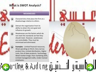 WEAKNESSES
Characteristics that place the firm at a
disadvantage relative to others.
Detract the organization from its
ability to attain the core goal and
influence its growth.
Weaknesses are the factors which do
not meet the standards we feel they
should meet. However, weaknesses
are controllable. They must be
minimized and eliminated.
Examples - Limited financial resources,
Weak spending on R & D, Very narrow
product line, Limited distribution, Higher
costs, Out-of-date products / technology,
Weak market image, Poor marketing skills,
Limited management skills, Under-trained
employees.
What is SWOT Analysis?
 