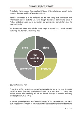 END OF PROJECT REPORT
10 | P a g e
AndyOx in that order and Echo Lab has 35% and 32% market share globally for its
products Rubbana and AndyOx correspondingly.
Renata's weakness is in its homeland as the firm facing stiff completion from
Pharmateam as well as Echo Lab. Even though Renata has more market share in
Finland for both products but its competitors are gaining more market share over the
past few rounds.
To achieve our sales and market share target in round four, I have followed
Marketing Mix. Figure 1.4 Marketing mix:
Source: Marketing Plan
E. Jerome McCarthy describe market segmentation by far is the most important
decisions within marketing programme (Jobber, D. & Lancaster, G. 2009). Neil
Borden termed the marketing mix as the central concept of modern marketing
practice (Borden, N.E. 1964).
In Finland, product price for Rubbana and AndyOx is 257.0 EUR (K Unit) and 197.0
EUR respectively. Compare to previous year the decrease the price of Rubbana and
 