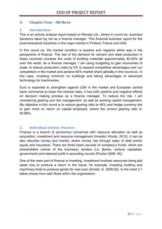 END OF PROJECT REPORT
19 | P a g e
4. Chapter Four - AR three
1. Introduction:
This is an activity analyse report based on Renata Ltd., where in round six, business
decisions taken by me as a finance manager. This financial business report for the
pharmaceutical industries in the major market in Finland, France and USA.
In this round six, the market condition is positive and negative either way in the
perspective of finance. The rise of the demand for cement and steel production in
Asian countries increase the costs of building materials approximately 40-50% all
over the world. As a finance manager, I am using budgeting to gain economies of
scale, to reduce production costs by 2% to expand competitive advantages over our
competitors in the market and achieve 60% market share globally in this round six. In
this case, investing minimum on buildings and taking advantages of advanced
technology for machineries.
Euro is expected to strengthen against USA in the market and European central
bank commence to lower the interest rates, it has both positive and negative effects
on decision making process as a finance manager. To reduce the risk, I am
considering gearing and risk management, as well as working capital management.
My objective in this round is to reduce gearing ratio to 48% and hedge currency risk
to gain more on return on capital employed, where the current gearing ratio is:
50.88%.
2. Individual Activity: Finance:
Finance is a branch of economics concerned with resource allocation as well as
acquisition, investment and resource management (Investor Words, 2012). It can be
also describe money and market, where money rise through sales of debt and/or
equity and insurance. There are three basic sources of company’s funds: which are
shareholders (owner of the business), lenders (i.e. Banks, venture capitalists,
government) and retained profit in according rounds (Proctor 2009: 45).
One of the main part of finance is investing. investment involves resources being laid
aside now to produce a return in the future, for example, investing building and
machinery tools to produce goods for next year (Arnold, G. 2008:20). In the chart 2.1
below shows how cash flows within the organization:
 