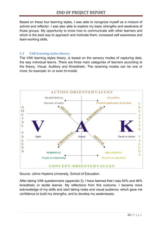 END OF PROJECT REPORT
26 | P a g e
Based on these four learning styles, I was able to recognize myself as a mixture of
activist and reflector. I was also able to explore my basic strengths and weakness of
those groups. My opportunity to know how to communicate with other learners and
which is the best way to approach and motivate them, increased self awareness and
team-working skills.
2.2 VAK learning styles theory:
The VAK learning styles theory, is based on the sensory modes of capturing data,
the way individual learns. There are three main categories of learners according to
the theory, Visual, Auditory and Kinesthetic. The receiving modes can be one or
more, for example: bi- or even tri-modal.
Source: Johns Hopkins University, School of Education.
After taking VAK questionnaire (appendix 3), I have learned that I was 50% and 46%
kinesthetic or tactile learner. My reflections from this outcome, I became more
acknowledge of my skills and start taking notes and visual audience, which gave me
confidence to build my strengths, and to develop my weaknesses.
 