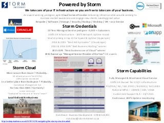 Nick Stead – Business Development – 07810 632293
nick.stead@storminternet.co.uk
More secure than Azure ? Probably...
UK Infrastructure in Tier4 D/C(s)
100% Uptime monitored
In a better place than Rackspace ? Probably...
Customised Management SLA
For less than AWS ? Certainly !
Lower entry cost
“Dedicated” for the cost of “Multi-Tenant”
Fully Managed & Monitored Cloud Service
100% UK Owned Tier 4 D/C Infrastructure
PCI/PSN / N3 / ISO 27001 / ISO 9001 / ISO 14001
National MPLS – 100MB / 1GB / 10GB
Customised Support SLA – 24/7/365
Continuous 100% Uptime monitoring
Storm Capabilities
10 Year Managed Service pedigree - 3,000 + Customers
100% UK Infrastructure - 100% Network Uptime record
World ranking in top 10 for Speed & Uptime (Hyperspin)
2014 & 2015 “Best IAAS provider” (Cloudscape)
2013 & 2014 ISPA “Best Business Hosting” winner
2015 ISPA “Best business use of Cloud” winner
2015 Runner up: “Managed Service Provider of the Year” SVC awards
Storm Cloud
Storm Credentials
An award winning, pedigree, agile Cloud Service Provider delivering reference-able value & seeking to
increase market awareness and engage new clients needing great value
Bespoke / Software / Storage / Security/ Backup / Desktop / DR – as a Service
Powered by Storm
Local Oxfordshire Business
http://enterprisetimes.co.uk/2015/10/15/navigating-the-stormy-cloud-market/
We take care of your IT infrastructure so you are free to take care of your business.
 