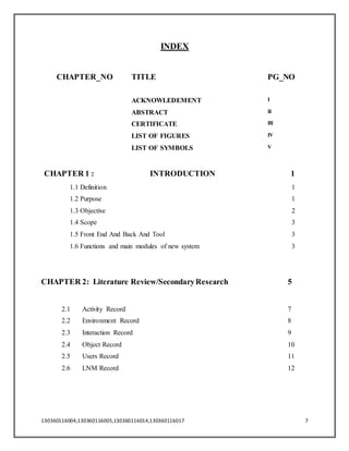 130360116004,130360116005,130360116014,130360116017 7
INDEX
CHAPTER_NO TITLE PG_NO
ACKNOWLEDEMENT I
ABSTRACT II
CERTIFICATE III
LIST OF FIGURES IV
LIST OF SYMBOLS V
CHAPTER 1 : INTRODUCTION 1
1.1 Definition 1
1.2 Purpose 1
1.3 Objective 2
1.4 Scope 3
1.5 Front End And Back And Tool 3
1.6 Functions and main modules of new system 3
CHAPTER 2: Literature Review/SecondaryResearch 5
2.1 Activity Record 7
2.2 Environment Record 8
2.3 Interaction Record 9
2.4 Object Record 10
2.5 Users Record 11
2.6 LNM Record 12
 