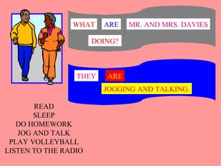 WHAT    ARE    MR. AND MRS. DAVIES

                      DOING?



                 THEY    ARE
                        JOGGING AND TALKING.

       READ
       SLEEP
   DO HOMEWORK
   JOG AND TALK
 PLAY VOLLEYBALL
LISTEN TO THE RADIO
 