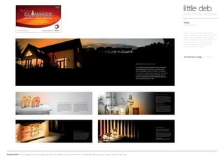 Advanced fuel for your home
It’s important to find the easiest and most convenient
way of looking after your home, so you have more
free time available to enjoy it. But that’s no reason to
compromise on quality. When only the best will do when
it comes to furnishings, fixtures and fittings, why not
look for the best with the most fundamental thing you
can bring into your home – heat.
Enhanced copper deactivation formula
Copper pipework sometimes causes a chemical
reaction with standard kerosene heating fuels, causing
the fuel to discolour, form lacquers against the inside
of the system and reducing its overall combustive
effectiveness. TOTAL GLOWMAX’s advanced formula
includes a stability enhancer, which helps to prevent this
reaction taking place, meaning that the fuel reaches the
boiler in optimum condition.
Fewer emergency call-outs
Thanks to its stability during storage, reduced soot and
charring and copper deactivation, TOTAL GLOWMAX
is kinder on your central heating system than other
kerosene-based heating fuels. This should help to improve
the reliability of your system, reducing the likelihood of
having to perform non-standard maintenance or call out
expensive system engineers to deal with problems.
Researched and developed by TOTAL
TOTAL GLOWMAX is the product of extensive research
and development by TOTAL’s leading home heating
oil experts. It’s an additive-enhanced kerosene
specifically designed for home use and it’s exclusive
to TOTAL. Our task was to bring a high quality, cleaner
burning, advanced fuel to our customers; a fuel which
remains efficient throughout delivery, storage and
combustion, giving you peace of mind whenever you
need warmth.
Better performance with less soot and charring
Advances in fuel additive technology mean that
TOTAL GLOWMAX has the combustion properties of
the most advanced commercially available kerosene
products. Significant reduction of soot deposits in
your burners means that the fuel ignites more readily,
maximizing its distribution of warmth throughout your
home. Of course, reduced carbon within the sensitive
parts of your system means that your boiler should run
more smoothly too.
Smoother running all round
Designed to provide reliable, responsive warmth
whenever you need it, TOTAL GLOWMAX can also
reduce the need for emergency maintenance.
GLOWMAX’s exclusive formula cares for your boiler and
heating system and ensures that the fuel is stored and
delivered to your boiler in perfect condition. Once ignited,
it also burns more cleanly than domestically available
standard kerosene, offering truly efficient warmth.
TOTAL GLOWMAX
Performance, protection and peace of mind.
Tried, tested and approved by Aga
Half a million people in the UK own an oil burning system
and more owners than ever are being convinced of the
protective, performance value of using TOTAL GLOWMAX.
What’s more, after some of the most rigorous testing in
the business, TOTAL GLOWMAX now carries the official
stamp of approval from Aga itself, meaning whatever
model you have in your home, you simply can’t get
better for your system than TOTAL GLOWMAX.
PLEASE NOTE: Out of respect to all the agencies that I’ve worked at, all work shown is confidential. Please do not copy or share. Thank you.
TOTAL
Brand Identity
little debCONCEPTUAL DESIGNER
Art Direction, design Arnoldklp
TOTAL not only supply petrol and
diesel, but home heating oil in remote
areas. They needed a new identity,
look and feel and name for their new
premium oil. Oh and some lovely
warm and glowing photography
which we took in Ireland.
UTLER
Tried, tested and
approved by
PERFORMANCE - PROTECTION - PEACE OF MIND
 