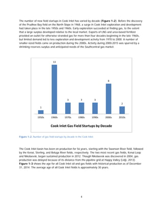 4
The number of new field startups in Cook Inlet has varied by decade (Figure 1-2). Before the discovery
of the Prudhoe Bay field on the North Slope in 1968, a surge in Cook Inlet exploration and development
had taken place in the late 1950s and 1960s. Early exploration succeeded at finding gas, to the extent
that a large surplus developed relative to the local market. Exports of LNG and urea-based fertilizer
provided an outlet for otherwise stranded gas for more than four decades beginning in the late 1960s,
but limited demand led to less exploration and development activity from 1970 to 2000. A number of
smaller-sized fields came on production during the 2000s. Activity during 2000-2015 was spurred by a
shrinking reserves surplus and anticipated needs of the Southcentral gas market.
Figure 1-2. Number of gas field startups by decade in the Cook Inlet.
The Cook Inlet basin has been on production for 56 years, starting with the Swanson River field, followed
by the Kenai, Sterling, and Beluga River fields, respectively. The two most recent gas fields, Kenai Loop
and Nikolaevsk, began sustained production in 2012. Though Nikolaevsk was discovered in 2004, gas
production was delayed because of its distance from the pipeline grid at Happy Valley (Lidji, 2013).
Figure 1-3 shows the age for all Cook Inlet oil and gas fields with historical production as of December
31, 2014. The average age of all Cook Inlet fields is approximately 30 years.
1
13
3 3 3
8
2
1950s 1960s 1970s 1980s 1990s 2000s 2010s
Cook Inlet Gas Field Startups by Decade
 