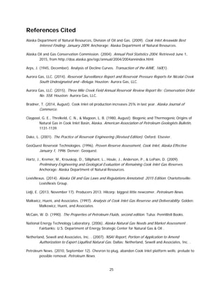 25
References Cited
Alaska Department of Natural Resources, Division of Oil and Gas. (2009). Cook Inlet Areawide Best
Interest Finding: January 2009. Anchorage: Alaska Department of Natural Resources.
Alaska Oil and Gas Conservation Commission. (2004). Annual Pool Statistics 2004. Retrieved June 1,
2015, from http://doa.alaska.gov/ogc/annual/2004/2004annindex.html
Arps, J. (1945, December). Analysis of Decline Curves. Transaction of the AIME, 160(1).
Aurora Gas, LLC. (2014). Reservoir Surveillance Report and Reservoir Pressure Reports for Nicolai Creek
South Undesignated and –Beluga. Houston: Aurora Gas, LLC.
Aurora Gas, LLC. (2015). Three Mile Creek Field Annual Reservoir Review Report Re: Conservation Order
No. 558. Houston: Aurora Gas, LLC.
Bradner, T. (2014, August). Cook Inlet oil production increases 25% in last year. Alaska Journal of
Commerce.
Claypool, G. E., Threlkeld, C. N., & Magoon, L. B. (1980, August). Biogenic and Thermogenic Origins of
Natural Gas in Cook Inlet Basin, Alaska. American Association of Petroleum Geologists Bulletin,
1131-1139.
Dake, L. (2001). The Practice of Reservoir Engineering (Revised Edition). Oxford: Elsevier.
GeoQuest Reservoir Technologies. (1996). Proven Reserve Assessment, Cook Inlet, Alaska Effective
January 1, 1996. Denver: Geoquest.
Hartz, J., Kremer, M., Krouskop, D., Silliphant, L., Houle, J., Anderson, P., & LePain, D. (2009).
Preliminary Engineering and Geological Evaluation of Remaining Cook Inlet Gas Reserves.
Anchorage: Alaska Department of Natural Resources.
LexisNexus. (2014). Alaska Oil and Gas Laws and Regulations Annotated: 2015 Edition. Charlottesville:
LexisNexis Group.
Lidji, E. (2013, November 17). Producers 2013: Hilcorp: biggest little newcomer. Petroleum News.
Malkwicz, Hueni, and Associates. (1997). Analysis of Cook Inlet Gas Reservse and Deliverability. Golden:
Malkewicz, Hueni, and Associates.
McCain, W. D. (1990). The Properties of Petroleum Fluids, second edition. Tulsa: PennWell Books.
National Energy Technology Laboratory. (2006). Alaska Natural Gas Needs and Market Assessment .
Fairbanks: U.S. Department of Energy Strategic Center for Natural Gas & Oil .
Netherland, Sewell and Associates, Inc. . (2007). NSAI Report, Portion of Application to Amend
Authorization to Export Liquified Natural Gas. Dallas: Netherland, Sewell and Associates, Inc. .
Petroleum News. (2010, September 12). Chevron to plug, abandon Cook Inlet platform wells; prelude to
possible removal. Petroleum News.
 
