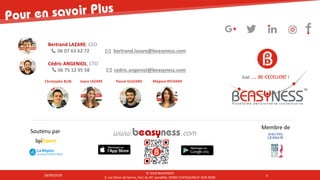 28/09/2018 - DOCUMENT CONFIDENTIEL -
© 2017 BEASYNESS
5
© 2018 BEASYNESS
3, rue Oliver de Serres, Parc du 45° parallèle, 26300 CHATEAUNEUF-SUR-ISERE 528/09/2018
Soutenu par
Membre de
Bertrand LAZARE, CEO
06 07 63 62 72 bertrand.lazare@beasyness.com
Cédric ANGENIOL, CTO
06 75 12 95 58 cedric.angeniol@beasyness.com
Christophe BLIN Mégane RICHARDJoyce LAZARE Pascal GUIZARD
 