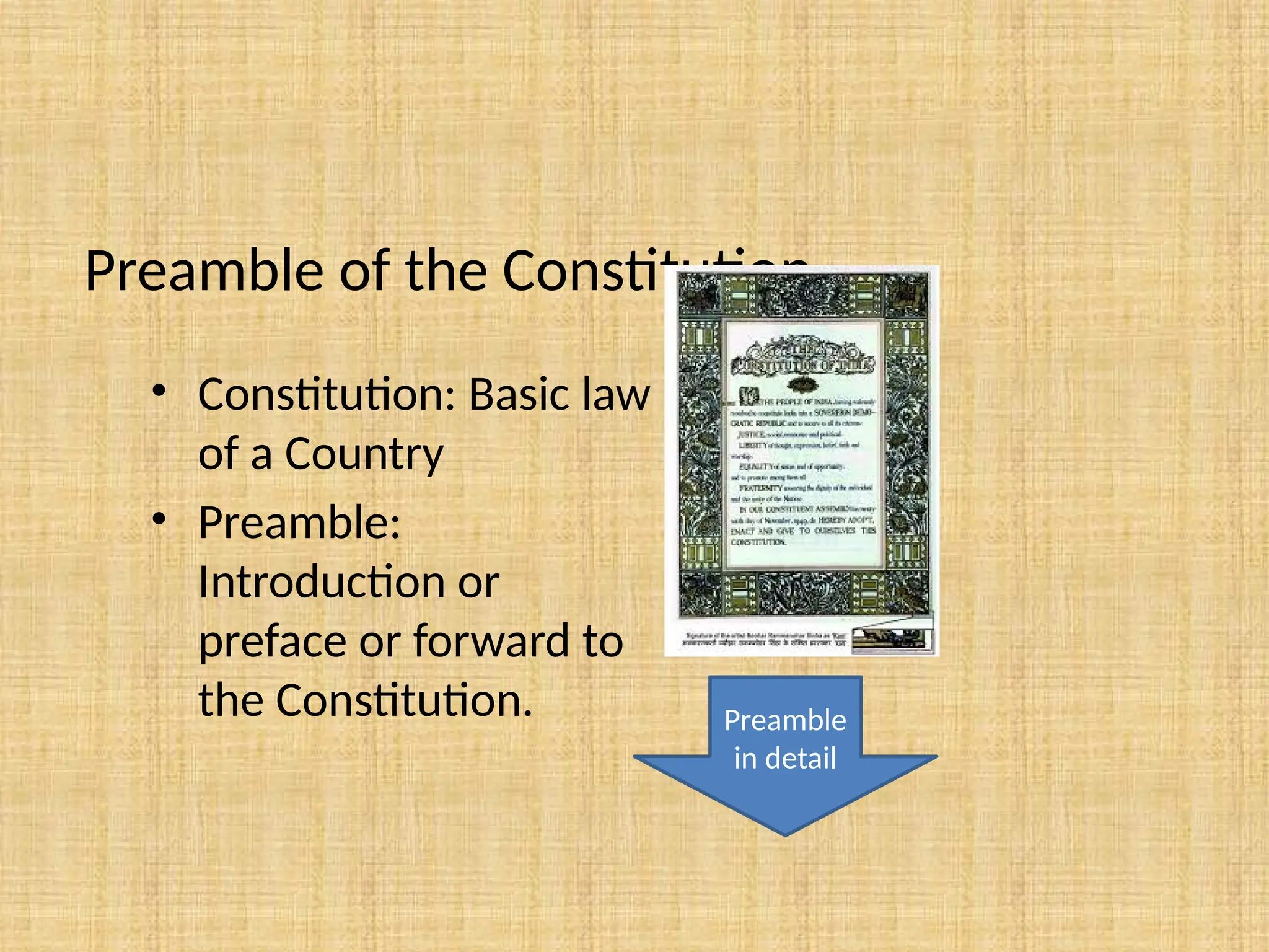 Preamble of the Constitution
• Constitution: Basic law
of a Country
• Preamble:
Introduction or
preface or forward to
the Constitution. Preamble
in detail
 