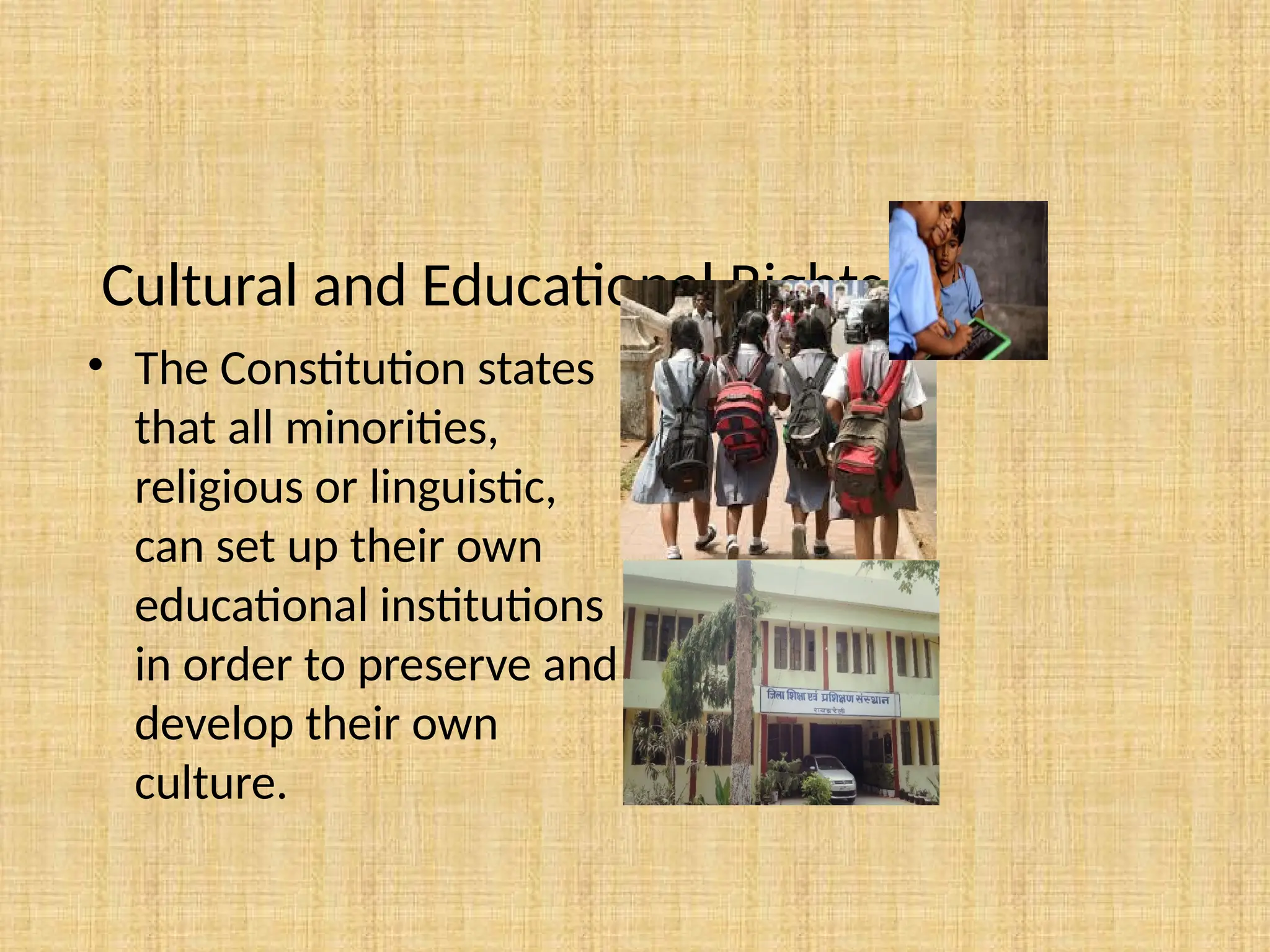 Cultural and Educational Rights
• The Constitution states
that all minorities,
religious or linguistic,
can set up their own
educational institutions
in order to preserve and
develop their own
culture.
 