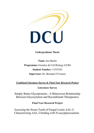 Undergraduate Thesis
Name: Ian Martin
Programme: Genetics & Cell Biology GCB4
Student Number: 11532343
Supervisor: Dr. Brendan O’Connor
Combined Literature Survey & Final Year Research Project
Literature Survey
Simply Better Glycoproteins : A Bittersweet Relationship
Between Glycosylation and Recombinant Therapeutics
Final Year Research Project
Assessing the Sweet Tooth of Fungal Lectin AAL-2:
Characterizing AAL-2 binding with N-aceylglucosamine
 