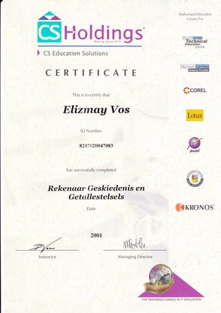 7
Holgl,f! gs'
Authorised Education
Centre For
Microsoft
) CS Education Solutions
CERTIFICATE
This is to,certify that
Sconrl
i,1?,1itiri?!:i'l7,tititZrVV'tit
7, ffiti,
tiiti;221ui1?,itzii:iliT:t1i;:iZi.iii,
*rKRoNos
lnstructor
:I
Managing Director
Centre
ElizrnaA Vos
lD Number
8207020047083
' ''
has successfully com pleted
Rekens.ar Geskiedenis
Geto.llestelsels''
Date
j
2001
erl
t ,:,,.. ,;.'. ,,',
THE PREFERRED CHOICE IN IT EDUCATION
 