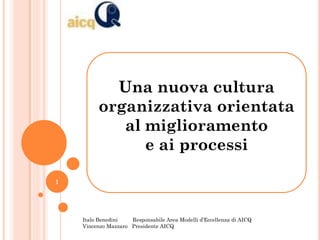 Una nuova cultura
         organizzativa orientata
            al miglioramento
               e ai processi

1




    Italo Benedini   Responsabile Area Modelli d’Eccellenza di AICQ
    Vincenzo Mazzaro Presidente AICQ
 