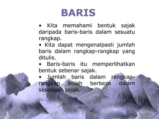 BARIS <ul><ul><ul><li>Kita memahami bentuk sajak daripada baris-baris dalam sesuatu rangkap.  </li></ul></ul></ul><ul><ul>...