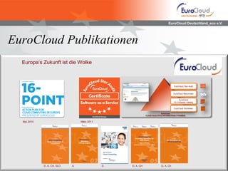 EuroCloud Deutschland_eco e.V.
EuroCloud Publikationen
Europa‘s Zukunft ist die Wolke
Mai 2010 März 2011
D, A, CH, SLO A D D, A, CH D, A, Ch
EuroCloud Star Audit
EuroCloud Benchmark
EuroCloud
SLA Kriterien Katalog
EuroCloud Richtlinien
EuroCloud
CLOUD QUALITÄTS INFORMATIONS PYRAMIDE
 