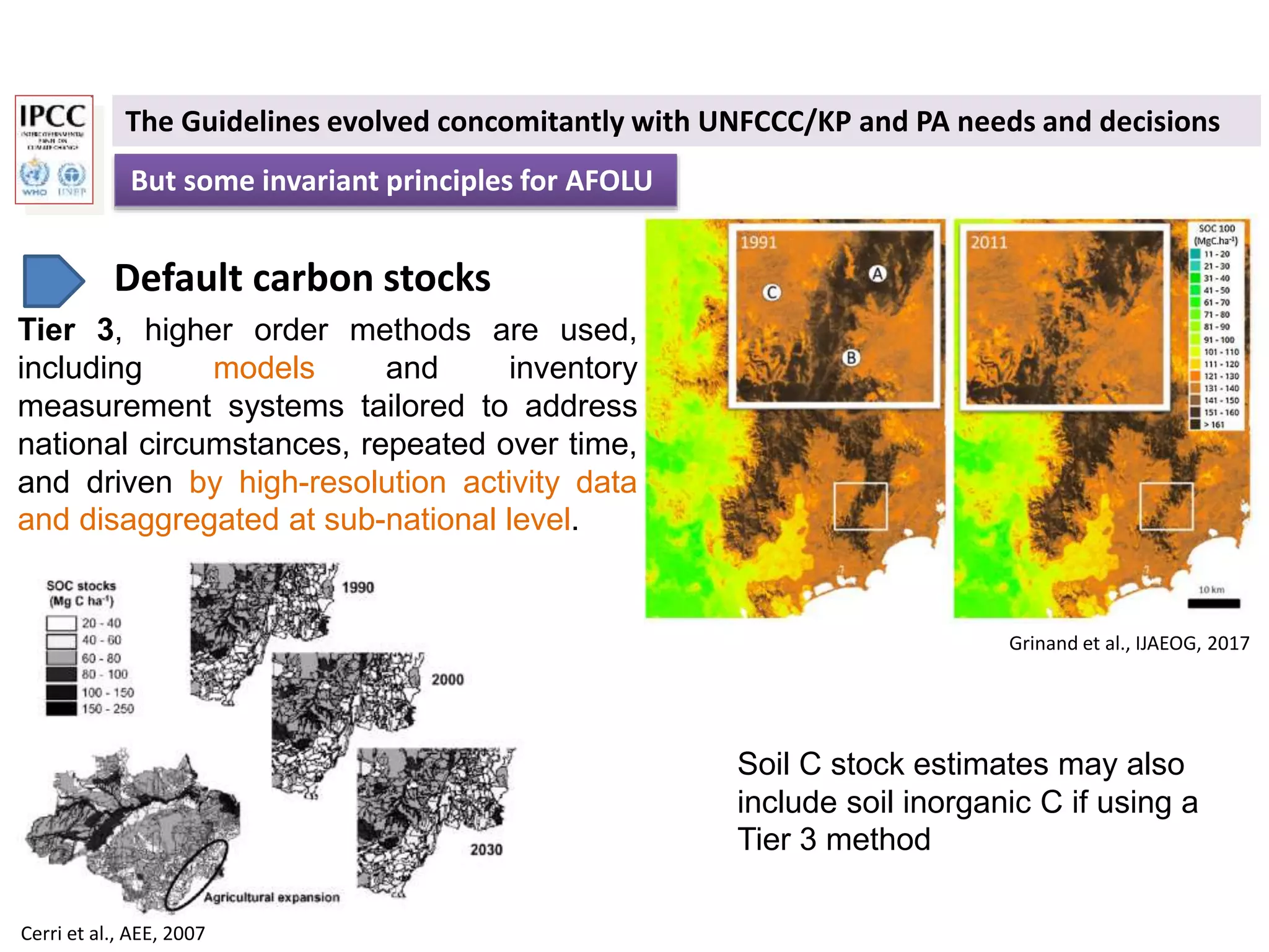 But some invariant principles for AFOLU
The Guidelines evolved concomitantly with UNFCCC/KP and PA needs and decisions
Default carbon stocks
Soil C stock estimates may also
include soil inorganic C if using a
Tier 3 method
Tier 3, higher order methods are used,
including models and inventory
measurement systems tailored to address
national circumstances, repeated over time,
and driven by high-resolution activity data
and disaggregated at sub-national level.
Grinand et al., IJAEOG, 2017
Cerri et al., AEE, 2007
 