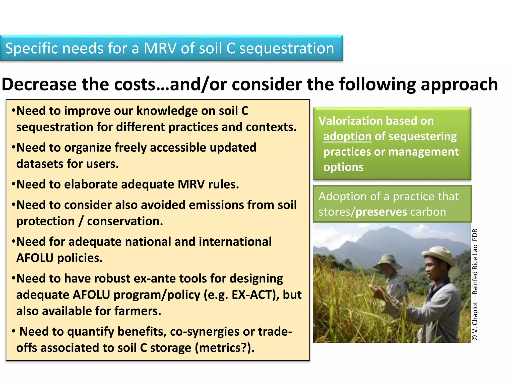 Adoption of a practice that
stores/preserves carbon
Valorization based on
adoption of sequestering
practices or management
options
©V.Chaplot–RainfedRiceLaoPDR
Specific needs for a MRV of soil C sequestration
Decrease the costs…and/or consider the following approach
•Need to improve our knowledge on soil C
sequestration for different practices and contexts.
•Need to organize freely accessible updated
datasets for users.
•Need to elaborate adequate MRV rules.
•Need to consider also avoided emissions from soil
protection / conservation.
•Need for adequate national and international
AFOLU policies.
•Need to have robust ex-ante tools for designing
adequate AFOLU program/policy (e.g. EX-ACT), but
also available for farmers.
• Need to quantify benefits, co-synergies or trade-
offs associated to soil C storage (metrics?).
 