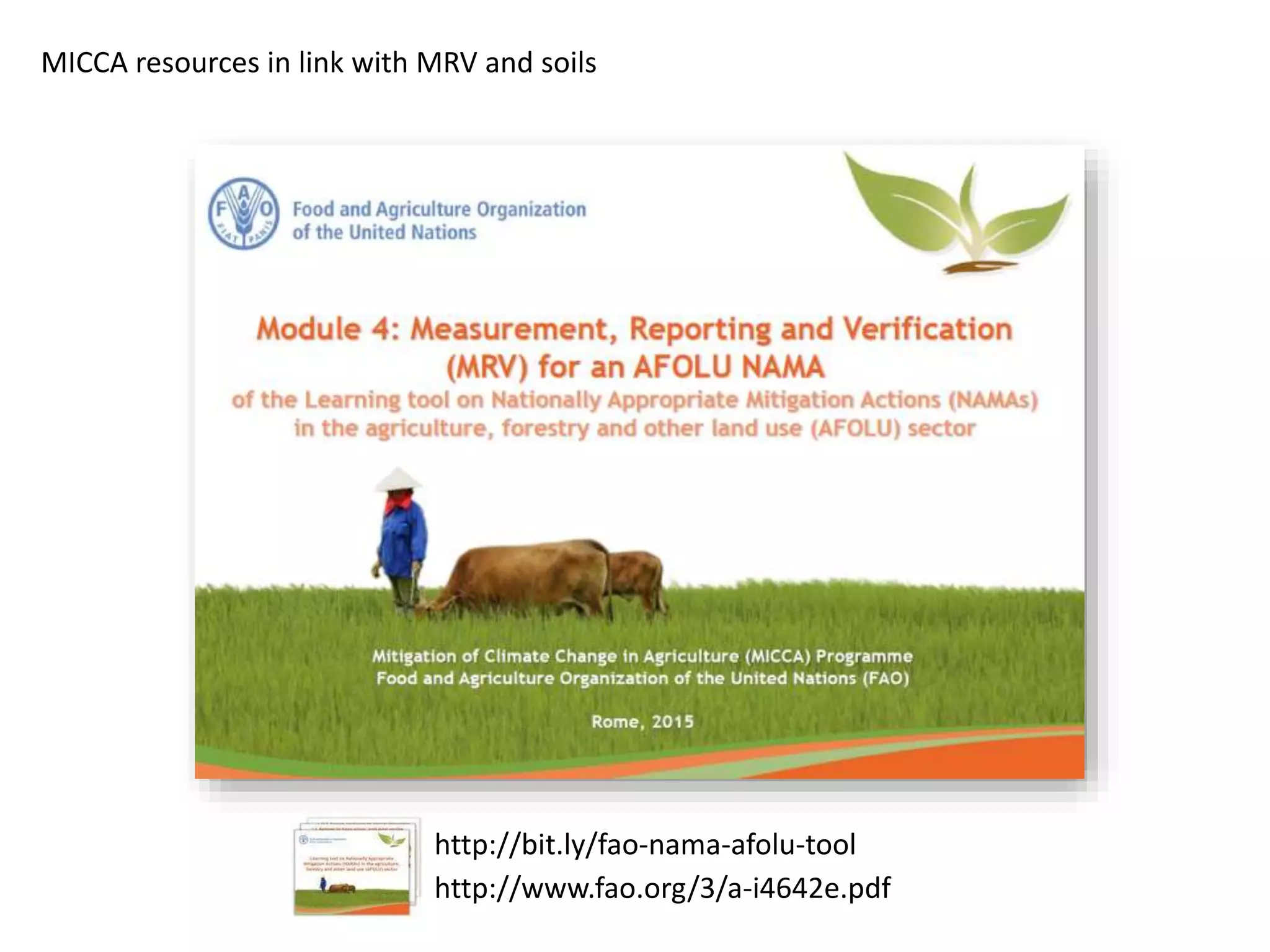 MICCA resources in link with MRV and soils
http://bit.ly/fao-nama-afolu-tool
http://www.fao.org/3/a-i4642e.pdf
 