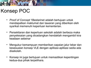 Konsep POC
 • Proof of Concept 1Bestarinet adalah bertujuan untuk
   mendapatkan maklumat dan tawaran yang diberikan oleh
   syarikat memenuhi keperluan kementerian.

 • Persekitaran dan keperluan sekolah adalah berbeza maka
   penyelesaian yang dicadangkan hendaklah mengambil kira
   keadaan sebenar

 • Mengukur kemampuan memberikan capaian jalur lebar dan
   kesesuaian konsep VLE dengan aplikasi-aplikasi sedia ada
   disekolah.

 • Konsep ini juga bertujuan untuk memastikan kepentingan
   kedua-dua pihak terpelihara.
 