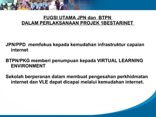 FUGSI UTAMA JPN dan BTPN
      DALAM PERLAKSANAAN PROJEK 1BESTARINET



JPN/PPD memfokus kepada kemudahan infrastruktur capaian
  internet

BTPN/PKG memberi penumpuan kepada VIRTUAL LEARNING
  ENVIRONMENT

Sekolah berperanan dalam membuat pengesahan perkhidmatan
  internet dan VLE dapat dicapai melalui kemudahan internet.
 