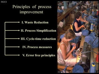 FICCI CE
Principles of process
improvement
I. Waste Reduction
II. Process Simplification
III. Cycle-time reduction
IV. Process measures
V. Error free principles
 